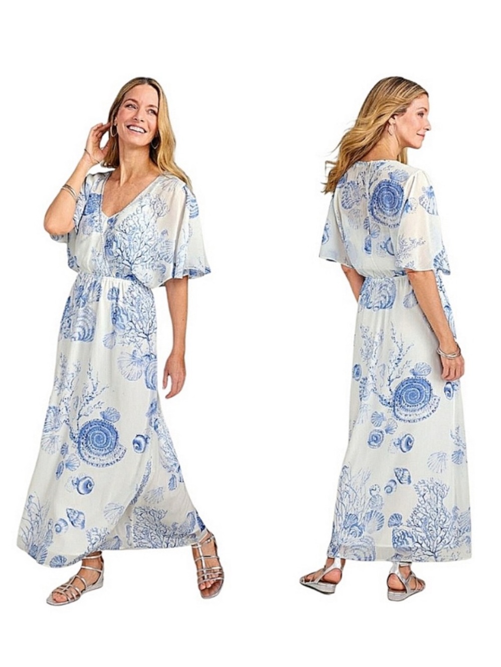 Soft Surroundings Coastal Sequin Beaded Seashell Captiva Beachy Flowy Maxi Dress